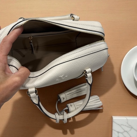 Tory Burch Thea Satchel Leather Crossbody Double Strap Handbag Ivory - Picture 7 of 8